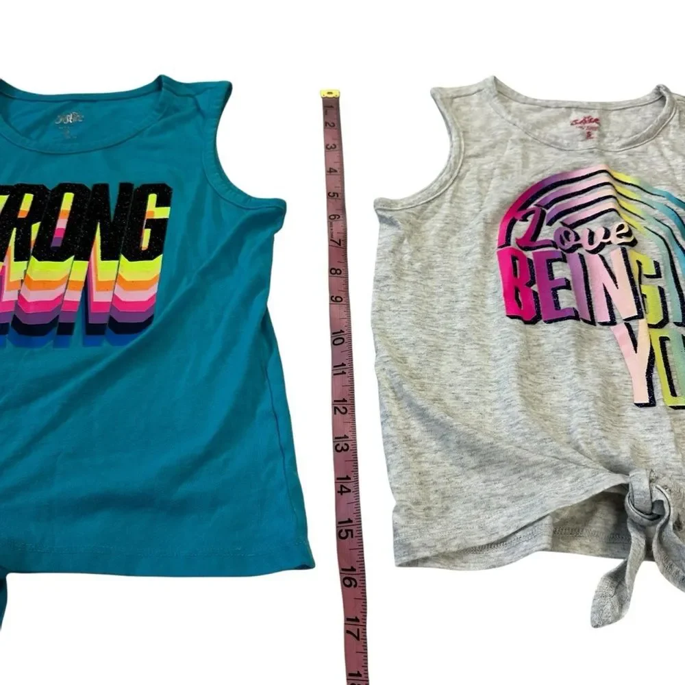 Justice Girls Set of 2 Graphic Tank Tops Sz S 7/8 Blue Gray Multicolor Tie Up